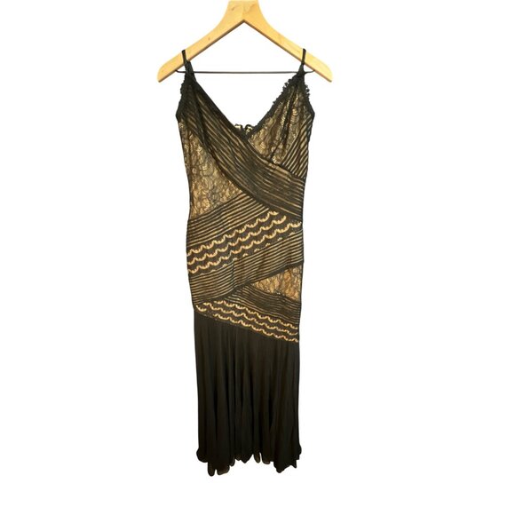 Tadashi Shoji Black Lace & Striped Floor Length Dress Size 6 - Picture 1 of 7